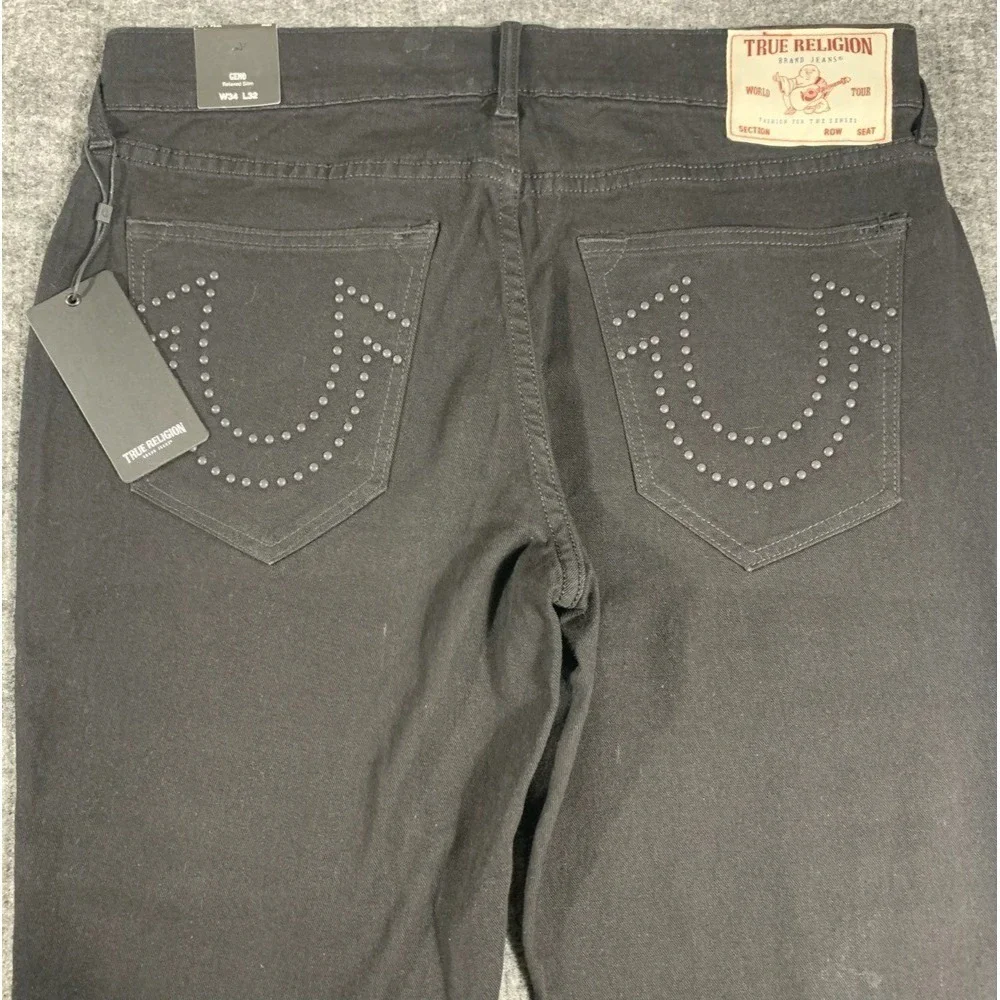 True Religion Jeans Mens 34 Black Denim Geno Relaxed Slim‎ Studded Stretch $164